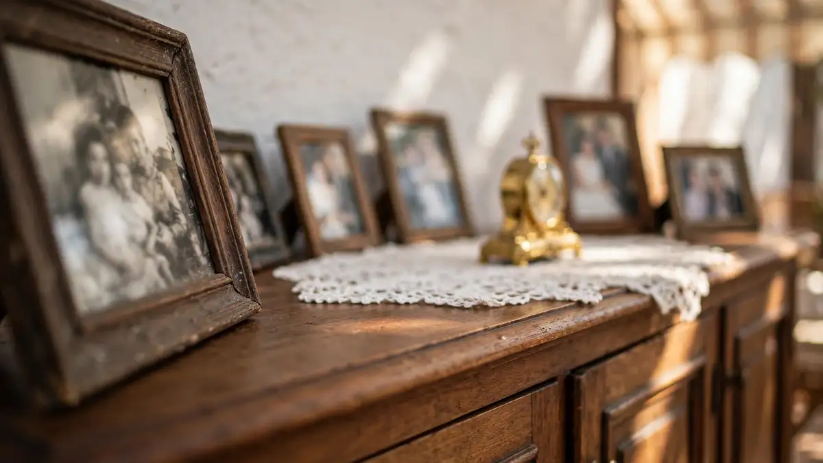 El aparador del comedor con fotos de familia de distintas épocas, desenfocadas, y un reloj de sobremesa
