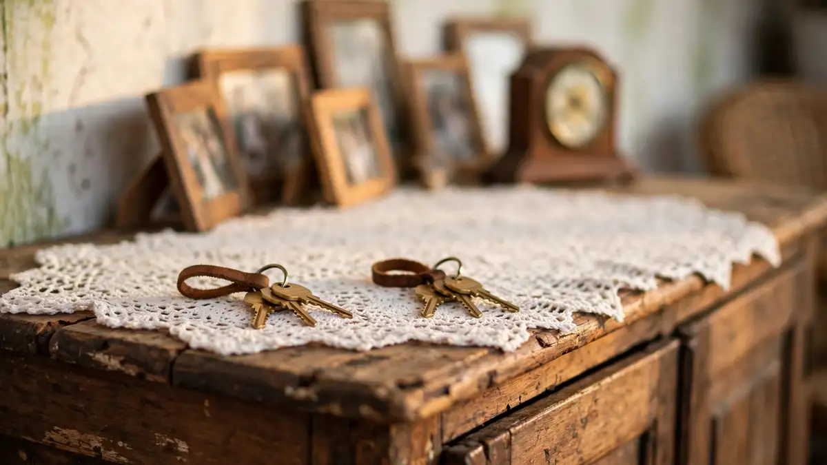 Dos juegos de llaves de casa separados un palmo sobre el tapete de ganchillo del aparador