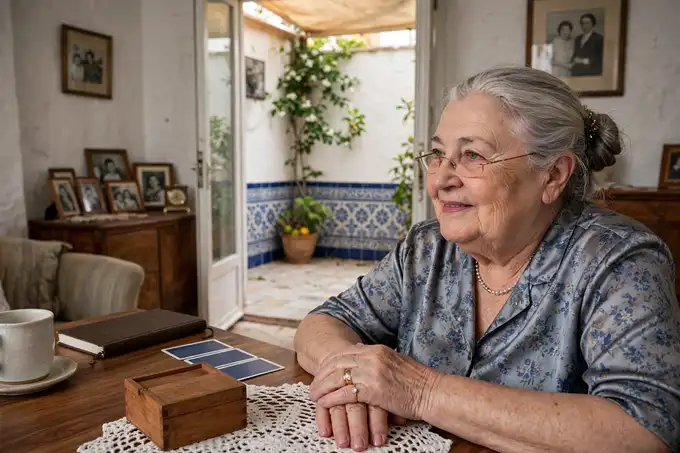Mercedes sentada a la mesa de nogal de su comedor, con la baraja en su cajita y el patio de azulejos detrás