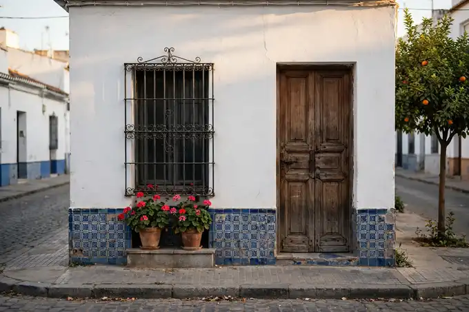 Fachada encalada de una casa baja de Heliópolis con zócalo de azulejo azul, la puerta cerrada y geranios en el escalón