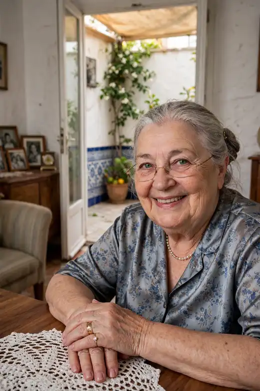 Retrato de Mercedes sonriendo a su mesa, con las gafas doradas y el collar de perlas